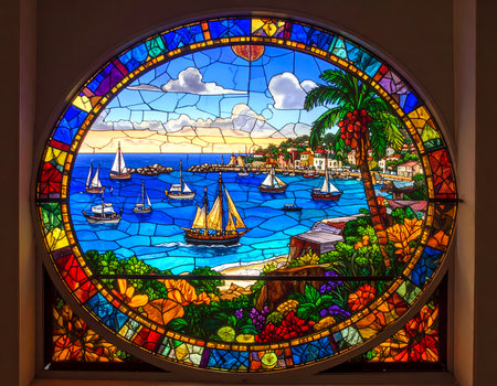 Beautiful stained glass window art depicting colorful tropical landscape. peaceful harbor with sailboat on blue sea under bright sun. very detailed and ornate pieceの素材