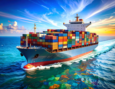 Majestic cargo ship transporting colorful container across blue ocean during beautiful sunset. This vessel symbolizes global transportation, freight, and international logisticの素材