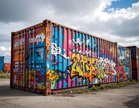 Colorful graffiti art painting on an urban shipping container background. Expressive street art on metal freight box outdoors on cloudy day under blue skyの素材