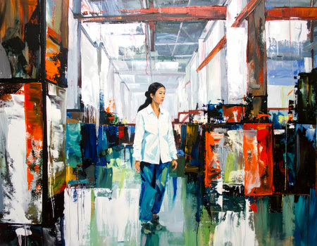 Contemplative painting of an Asian woman walking through an industrial factory hall. modern art piece shows pensive worker in an abstract, painterly style with bold colorの素材