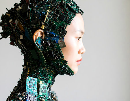 Profile of futuristic cyborg woman with calm expression, her head and neck formed by circuit board and microchip. concept of technology and artificial intelligenceの素材