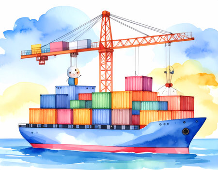 Cute watercolor illustration of cargo ship with container and crane on ocean. Positive artwork showing global shipping, transport, and logistics for international tradeの素材