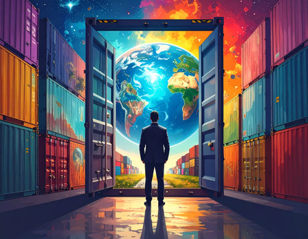 Visionary businessman standing before an open shipping container revealing view of planet Earth from space. hopeful concept for global logistics, trade, and futureの素材