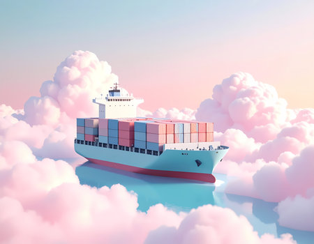 Dreamy cargo ship with container sailing on calm sea above pink cloud. Serene transport for global logistics, freight, and international shipping in fantasy illustrationの素材
