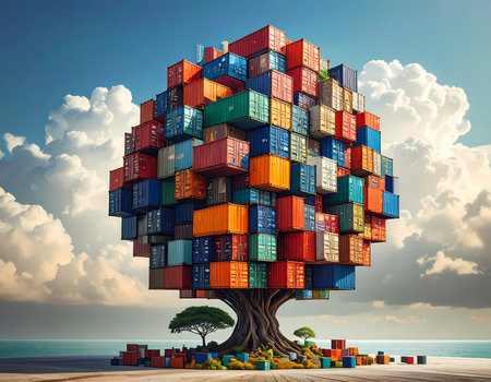Surreal concept of global business trade and logistics growth. large tree with colorful shipping container crown symbolizing transportation and supply chain industryの素材