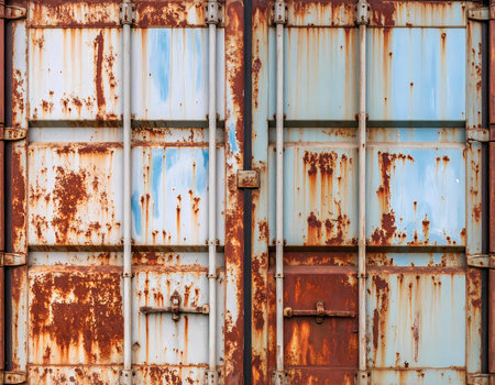 Rusty metal background on an old industrial container door. weathered, grunge texture with blue peeling paint gives strong feeling of decay and being abandonedの素材