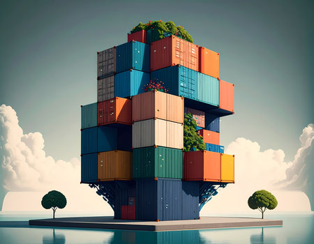 Surreal, hopeful concept of future sustainable architecture. green cargo container stack for shipping logistics reflects on calm water, symbolizing innovative housingの素材