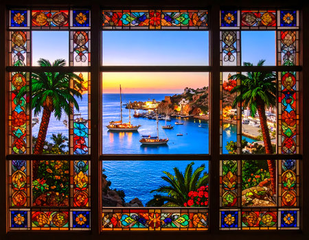 Peaceful view through stained glass window of tropical harbor bay at sunset. Boats rest on calm sea near coast with beautiful palm tree silhouettesの素材