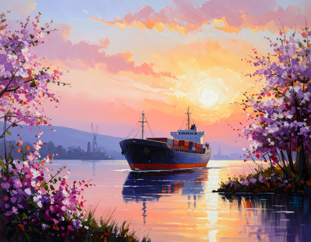 Serene digital painting of container ship on river at sunset. Beautiful pink blossom trees frame tranquil industrial landscape as sun reflects on calm waterの素材