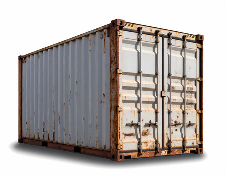 Rusty old shipping container for cargo freight and logistics. Industrial metal box for storage, showing weathered appearance from global transport, isolated on white backgroundの素材