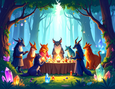 Focused group of fantasy animal creature and character gather for magic ritual in an enchanting forest clearing. Mystical light and glowing crystal create powerful, secret ceremonyの素材