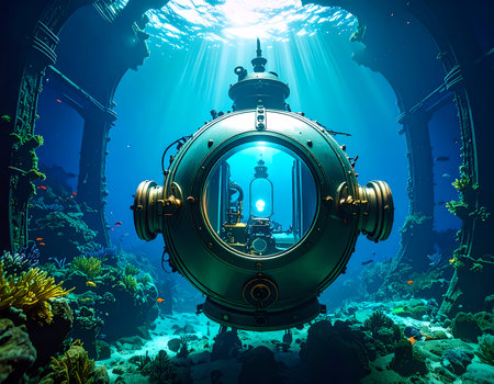 Mysterious vintage submarine with bright light explores an ancient underwater ruin. Sunlight streams through deep blue ocean, illuminating wondrous coral reef and fishの素材
