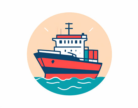 Vector illustration icon of red cargo ship for transport and freight on sea. boat symbolizes global shipping, logistics, and reliable marine transportationの素材