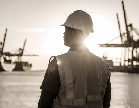 Thoughtful worker, an engineer, looks toward future at sunrise. man at port with crane and ship symbolizes logistic and global shipping industryの素材