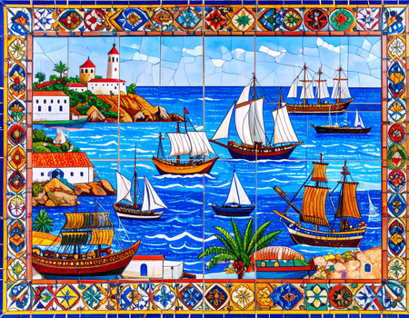 Colorful decorative mosaic tile art depicting sailing ships on sea. vibrant Spanish coast scene with lighthouse and traditional buildings. An artistic and historic muralの素材