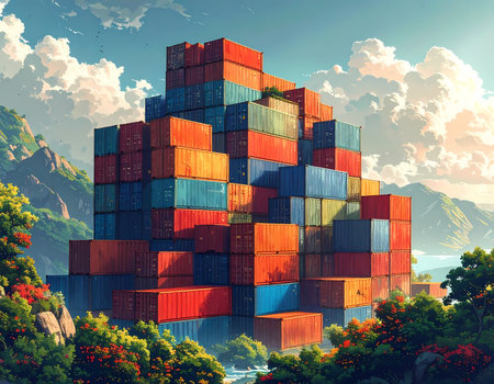 Surreal illustration of colorful stack of cargo container. giant tower in mountain landscape represents juxtaposition of logistics and industry with serene natureの素材