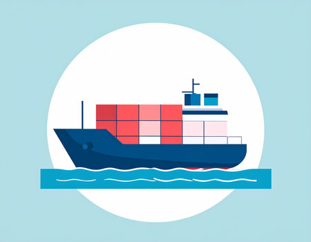 Vector illustration of cargo ship with container sailing on sea. concept for efficient logistics, transportation, shipping services for global import and export tradeの素材