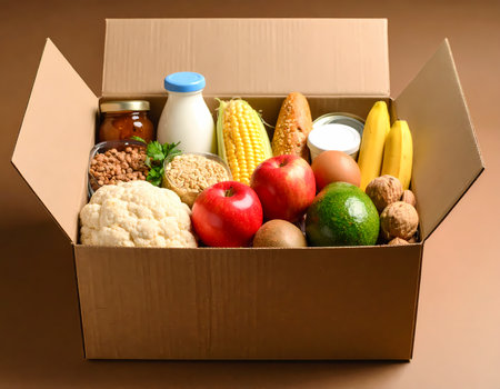 Cardboard box full of fresh food for grocery delivery or donation. Healthy produce including fruit and vegetable offers support and charity, expressing care and abundanceの素材