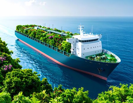 Futuristic cargo ship with green garden on its deck sails open ocean. hopeful vision of sustainable transport and eco friendly technology harmonizing with natureの素材