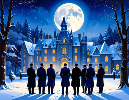 Mysterious group of men meeting at night in snow. They stand before large mansion under full moon, secret gathering in cold winter landscape creating contemplative moodの素材