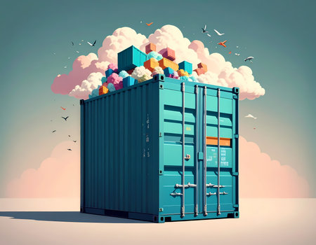 Whimsical illustration of global shipping container. Colorful cargo box overflow into pink cloud, representing imaginative transport and creative logistics solutionsの素材