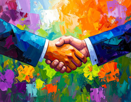 Colorful abstract painting of handshake symbolizes successful business agreement. creative partnership represents trust, collaboration, and promising new dealの素材