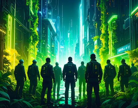 Silhouette of determined team in futuristic city with green neon light. Overgrown plant covers glowing urban landscape creating mysterious science fiction conceptの素材