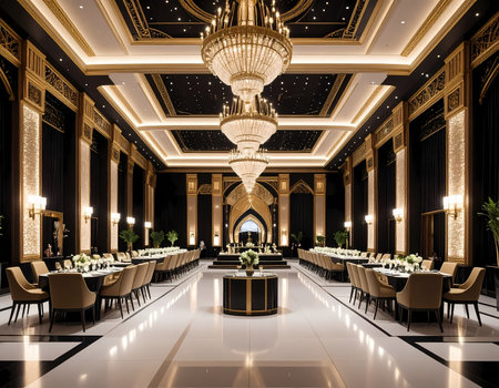 Luxury ballroom with elegant gold interior design for grand banquet. majestic hall features modern architecture, crystal chandelier, and formal dining table setup for celebrationの素材