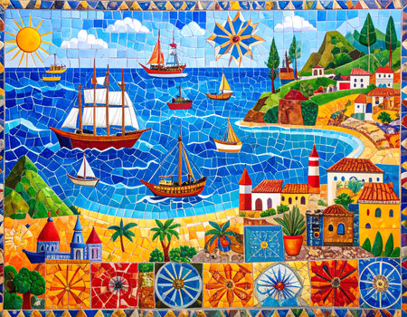 Cheerful colorful mosaic art of summer seascape with mediterranean village on coast. vibrant scene with boat, ship, and sun, perfect for travel or vacation conceptsの素材