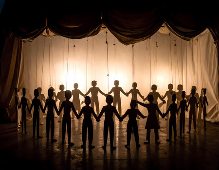 Silhouette of group of people holding hands in circle of unity and community. Hopeful figures stand together showing connection, support, and teamwork in front of warm backlit backgroundの素材