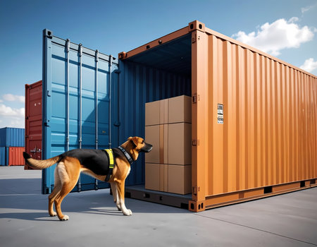 Focused detection dog from K9 unit performs security search and inspection of cargo. diligent working animal sniffs cardboard boxes inside an open shipping container at portの素材