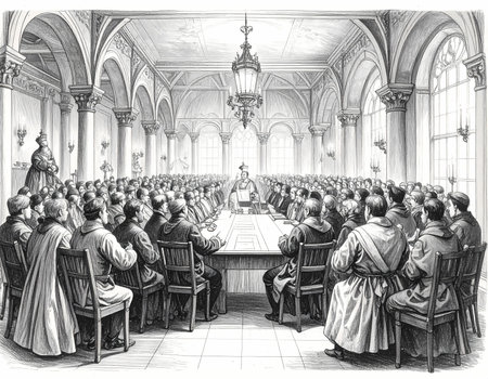 Solemn historical engraving shows large religious council meeting in grand hall. group of monk and clergy sit attentively during formal vintage illustration of gatheringの素材