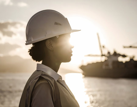Thoughtful professional engineer woman in profile wearing hard hat at port. She looks at cargo ship during sunset, representing logistics, industry and global tradeの素材