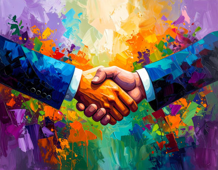 Colorful abstract art illustration of business handshake. successful partnership agreement represents trust and collaboration. Digital painting concept of positive dealの素材