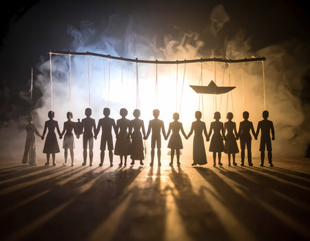Silhouette of puppet figures holding hands symbolize manipulation and control. dramatic concept with group on string in dark, foggy light, showing helplessness and lack of freedomの素材