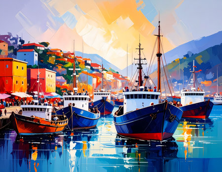 Vibrant painting of colorful harbor with many boat on water. peaceful seascape of coastal town with building reflection creating beautiful and serene sceneの素材