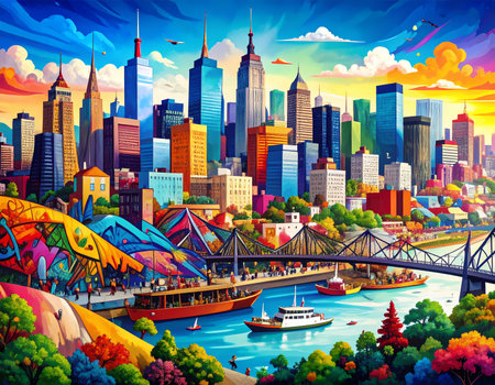 Vibrant colorful illustration of happy city skyline and cityscape. bustling metropolis with large bridge over river, tall skyscrapers, and festive feeling of energyの素材