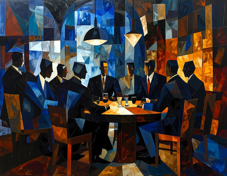 Abstract painting of silhouetted men in suits at serious business meeting around table. modern, cubist artwork with blue and orange geometric shapes creating an intense atmosphereの素材