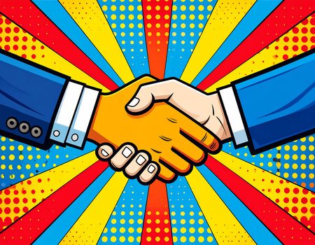 Pop art comic book style handshake showing successful business agreement. Two hand shaking on vibrant retro background with sunburst effect and halftone dot patternの素材