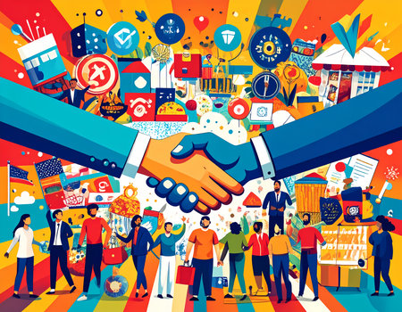 Colorful illustration of successful business handshake over diverse crowd. positive concept of partnership, collaboration, teamwork, and community agreement leading to growthの素材