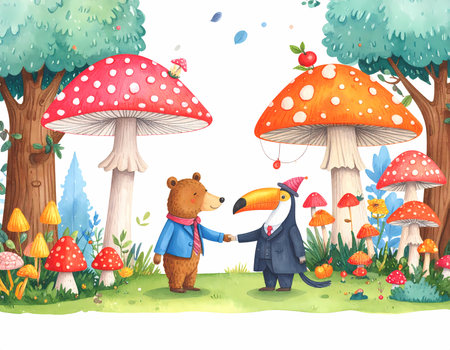 Friendly bear and toucan in whimsical forest with giant mushroom make handshake agreement. Charming watercolor illustration shows cooperative animal character meeting in natureの素材
