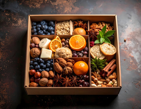 Delightful top view of healthy snack gift box. rustic assortment of food includes fresh fruit like orange, blueberry, different nut, and cinnamon for gourmet treatの素材