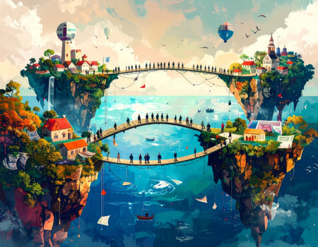 Whimsical fantasy landscape showing floating island city with surreal connection. Two bridges connect community over water, evoking feeling of adventure and togethernessの素材