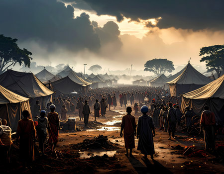 Dramatic, somber view of refugee camp with large crowd of people. tent community facing humanitarian crisis, disaster, and poverty during difficult migrationの素材