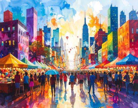Colorful painting of vibrant, lively city street market. large crowd of people walk through festival with tall buildings and skyscrapers in background on sunny dayの素材