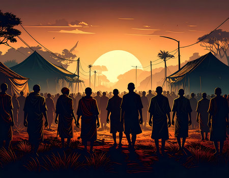 Dramatic silhouette of large crowd of people walking through village at sunset. orange light from sun creates hopeful and somber atmosphereの素材