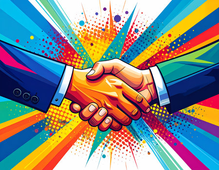 Colorful abstract illustration of business handshake. Concept art representing successful partnership, agreement, and collaboration with dynamic and positive feelingの素材