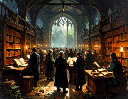 Group of serious scholars studying ancient books in vast gothic library. Light streams through large window, creating mysterious and focused mood of seeking knowledgeの素材