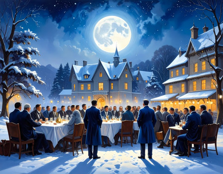 Large group enjoys festive historical banquet outdoors in snowy winter landscape at night. bright full moon illuminates magical scene in front of grand manor houseの素材