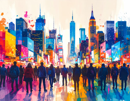 Colorful vibrant illustration of New York cityscape. An energetic crowd walks down busy urban street, surrounded by tall skyscraper buildings. feeling of excitement for travelの素材